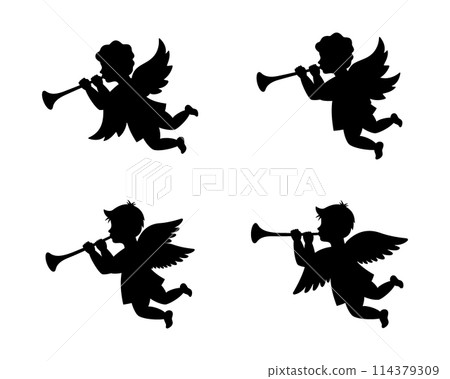 Herald angels blowing trumpets. Angel with a wings. Cherub blowing into a tube. Vector illustration. 114379309