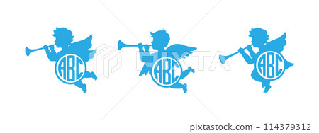Cherubs name monograms. Angel with monograms. Herald angel blowing trumpet. Cherub blowing into a tube. Vector illustration. Cherubs name monograms. Angel with monograms. Herald angel blowing trumpet. Cherub blowing into a tube. Vector illustration. 114379312