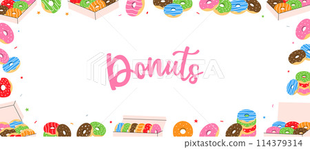 Donuts shop banner. Take away donuts. Glazed doughnuts with sprinkles. Bakery sweet pastry food. Vector illustration. 114379314