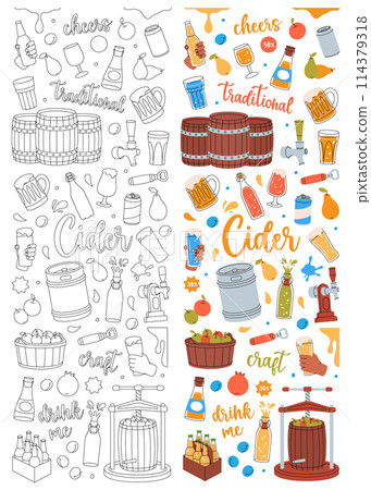 Fruit cider set. Hand drawn craft fruit beer collection. Cider process production. Harvest of pears, apples, plums, pomegranate. 114379318