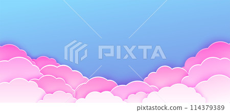 Pink cloud vector background. Fantasy clouds in realistic paper cut style on purple blue sky. Surrealism bright light heaven with empty space. Magic dreamlike banner. 114379389