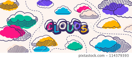 Whimsical vivid clouds with lines, striped structures, comic fun letters sign. Unique vibrant sky, vector illustration Whimsical vivid clouds with lines, striped structures, comic fun letters sign. Unique vibrant sky, vector illustration 114379393