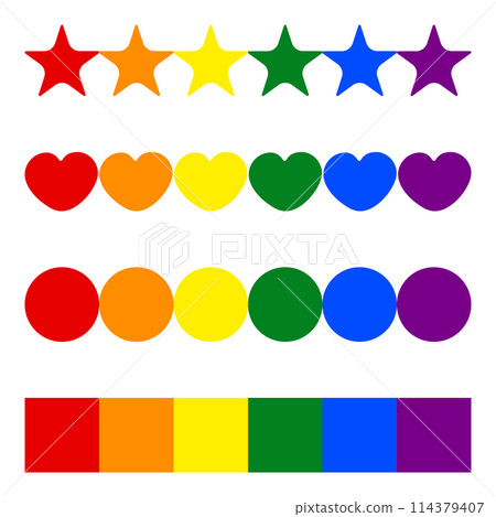 A series of colorful shapes neatly organized in rows. The top row contains stars, followed by hearts, circles and squares. Each row reflects the spectrum of the rainbow, moving from red to purple A series of colorful shapes neatly organized in rows. The top row contains stars, followed by hearts, circles and squares. Each row reflects the spectrum of the rainbow, moving from red to purple 114379407
