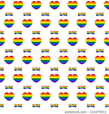 Seamless pattern with Rainbow Hearts and word "Love" on a white background. Abstract seamless backdrop for Pride Month. Wrapper for Pride Month. Vector illustration 114379411