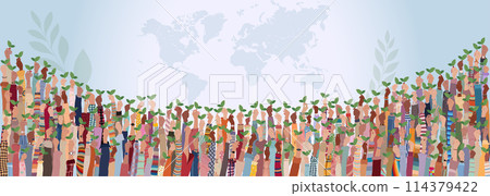 Raised hands of diverse multicultural people holding two green leaves as a symbol of ecology - green and clean environment or green and sustainable energy 114379422