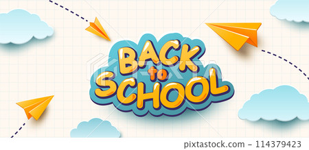 School notebook vector background. 3d flying yellow realistic paper planes with dash track, paper cut clouds with shadows, text greeting sign. Back to school illustration on grid sheet School notebook vector background. 3d flying yellow realistic paper planes with dash track, paper cut clouds with shadows, text greeting sign. Back to school illustration on grid sheet 114379423