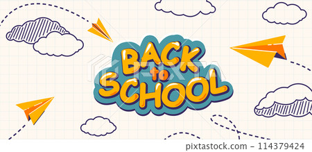 School notebook vector background. Flying yellow paper planes with dash track, linear clouds with striped structure, text greeting sign. Back to school illustration on grid sheet 114379424