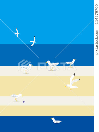 Illustration of a summer sea and horizon, a breakwater and seagulls 114379700