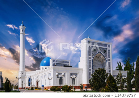 landscape with new modern white Islamic Masjid Minor Mosque in Tashkent in Uzbekistan in summer landscape with new modern white Islamic Masjid Minor Mosque in Tashkent in Uzbekistan in summer 114379757