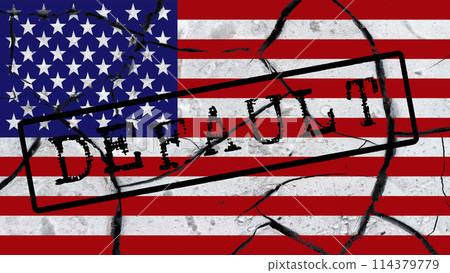 Dark inscription DEFAULT on the background of the US flag and cracks as a concept of economic destruction and economic crisis 114379779