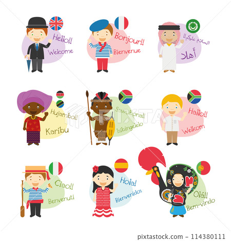 Vector illustration set of cartoon characters saying hello and welcom in 9 languages spoken in Africa 114380111