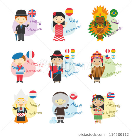 Vector illustration set of cartoon characters saying hello and welcom in 9 languages spoken in America 114380112