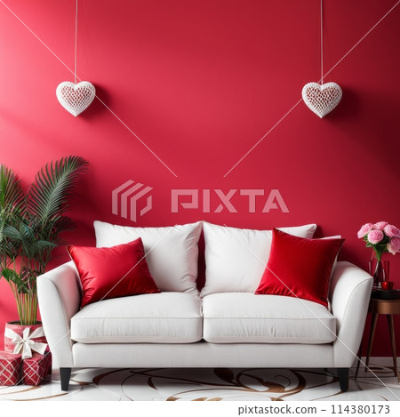 Interior home decor black sofa with red cushions. Interior home decor black sofa with red cushions. 114380173