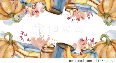 Autumn spirit frame with big orange pumpkin, books, candle with frame, blue mug and red berries watercolor illustration. HAnd drawn banner for greeting card, harvest season invitation, home decor 114380200