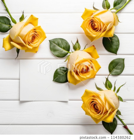 Three Yellow rose flowers over white wood background. Romantic greeting card for Valentine's Day. 114380262