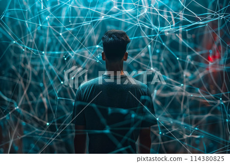 back view of man stands in web of internet wires. Concept of social media addiction 114380825
