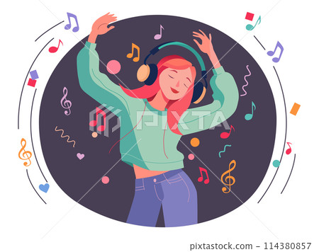 Girl with headphones listening to music. Girl with headphones listening to music. 114380857