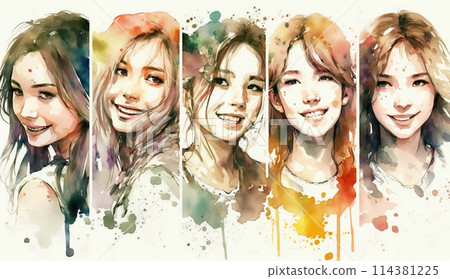 Smiling young women: watercolor painting 114381225