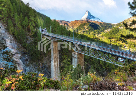 Zermatt, Switzerland. Gornergrat train on bridge 114381316