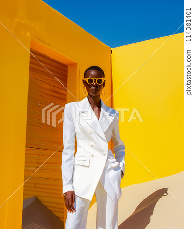 A woman in a white suit and sunglasses poses in front of a yellow wall 114381401