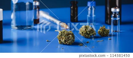 cannabis buds and flasks, panoramic format cannabis buds and flasks, panoramic format 114381450