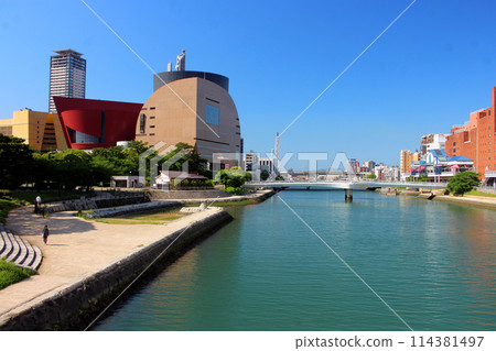 Kokura River Walk and Murasaki River under a blue sky Kokura River Walk and Murasaki River under a blue sky 114381497
