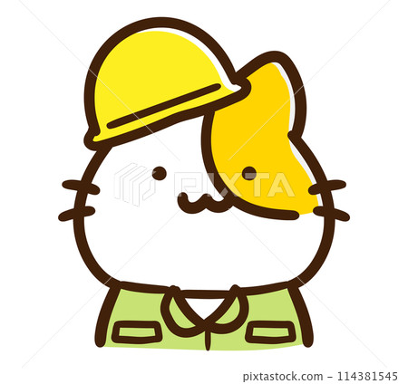 A deformed illustration of a cute cat character wearing a helmet and dressed for a construction site 114381545