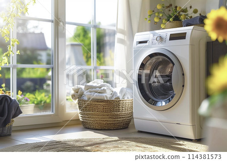 Scenery of an unmanned laundry room with a drum-type washing machine Scenery of an unmanned laundry room with a drum-type washing machine 114381573