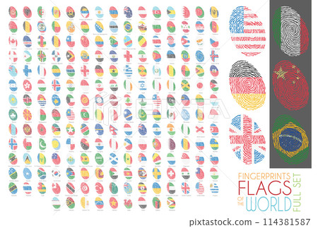 Set of 204 fingerprints colored with the national flags of all the sovereing countries of the world. Icon set Vector Illustration. Set of 204 fingerprints colored with the national flags of all the sovereing countries of the world. Icon set Vector Illustration. 114381587