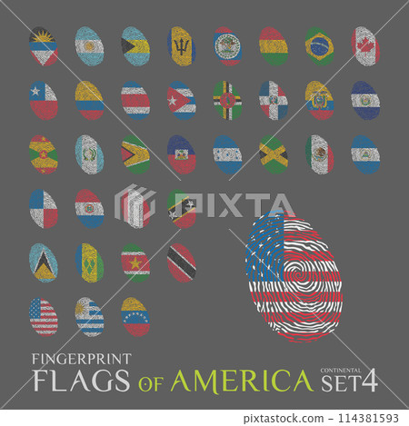Set of 35 fingerprints colored with the national flags of the countries of America. Icon set Vector Illustration. 114381593