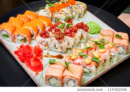 Set of sushi rolls in a cafe 114382046