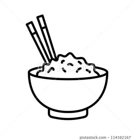 Rice bowl icon. Bowl with rice and chopsticks. Vector Illustration 114382167