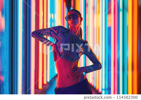 Vibrant street style. Portrait of woman wearing uniquely top and trendy eyeglasses, with vividly colorful neon striped background. 114382300