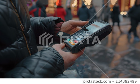 Close-up of a hand holding a card reader in a bustling city street. Contactless payment technology in use. Everyday financial transaction captured. AI 114382489