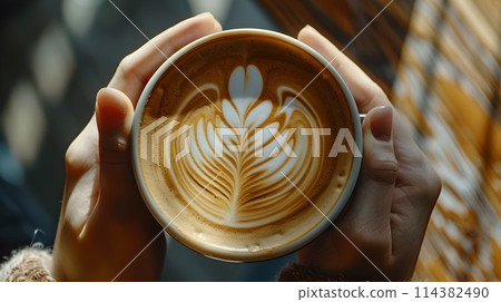 Hands holding a cup of coffee with latte art. Casual style, leisure moment. Perfect for cozy atmosphere themes. Enjoying a morning brew. AI Hands holding a cup of coffee with latte art. Casual style, leisure moment. Perfect for cozy atmosphere themes. Enjoying a morning brew. AI 114382490