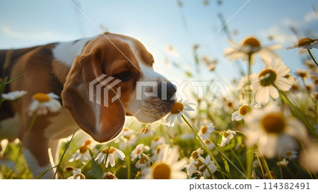 Adorable beagle dog sniffing flowers in a sunny field. Capturing the essence of spring, perfect for family and nature themes. A peaceful and heartwarming image. AI 114382491