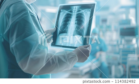 Medical Professional Analyzing Chest X-Ray in Modern Hospital Setting. Expert in Radiology Examines Patient's Health. Diagnostic Imaging in Medicine. AI 114382492