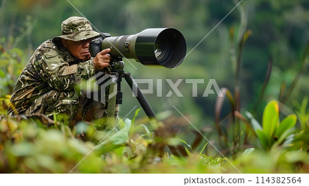 Wildlife photographer in camouflage captures nature. Man with camera in the forest. Professional photography gear in action. AI 114382564