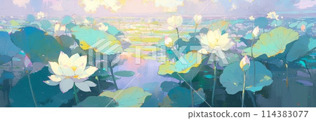 Blooming flowers Water lilies on a pond, summer time, banner Blooming flowers Water lilies on a pond, summer time, banner 114383077