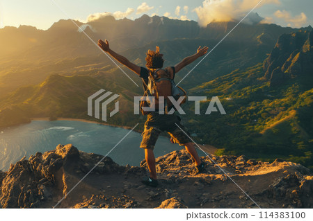 Tourist athlete rejoices climbing a mountain , success and goal achievement concept, man raised his hands up in delight Tourist athlete rejoices climbing a mountain , success and goal achievement concept, man raised his hands up in delight 114383100