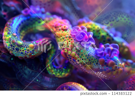 Colorful fantasy multicolored snake close up, snake curled up Colorful fantasy multicolored snake close up, snake curled up 114383122