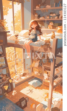 Illustration of a girl's room, a room for a little girl with toys, a bed and a table 114383127