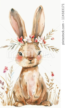 Watercolor illustration of a cute bunny with flowers, children's illustration 114383171