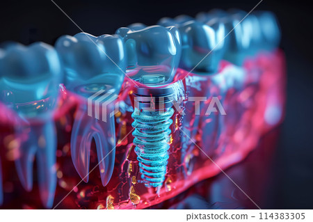 3D illustration of a dental implant in human jaw.  Generative AI. 114383305