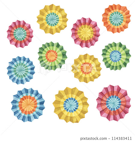 Bright colored set of fiesta flowers. Hand drawn isolated watercolor cliparts, Mexican paper fans for Cinco de Mayo decoration. Celebration designs for packaging, printing, cards, posters, invitation 114383411