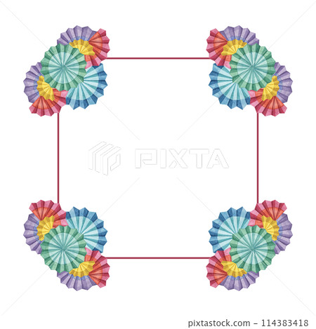 Blue, red, yellow fiesta flowers square frame. Hand drawn isolated watercolor clipart, Mexican paper fan Celebration template, Cinco de mayo design for holiday, printing, cards, posters, invitation 114383418