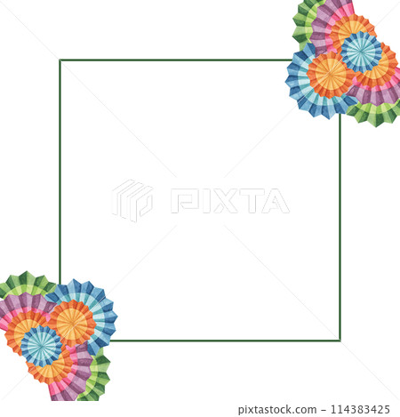 Multicolored fiesta flowers. Hand drawn isolated watercolor clipart, Mexican paper fans for Cinco de Mayo. Celebration template design for packaging, printing, cards, festivities, invitation 114383425