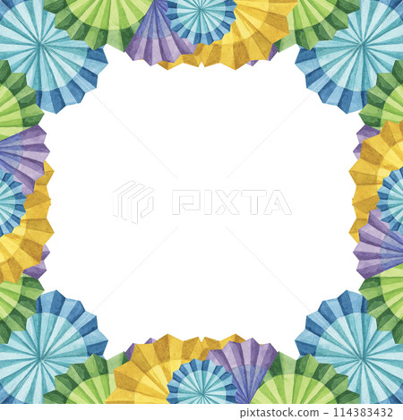 Blue, yellow and green fiesta flowers. Hand drawn isolated watercolor clipart, Mexican paper fans for Cinco de Mayo. Celebration template design for packaging, festivities, cards, posters, invitation Blue, yellow and green fiesta flowers. Hand drawn isolated watercolor clipart, Mexican paper fans for Cinco de Mayo. Celebration template design for packaging, festivities, cards, posters, invitation 114383432