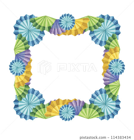 Blue, yellow and green fiesta flowers. Hand drawn isolated watercolor clipart, Mexican paper fans for Cinco de Mayo. Celebration template design for packaging, festivities, cards, posters, invitation Blue, yellow and green fiesta flowers. Hand drawn isolated watercolor clipart, Mexican paper fans for Cinco de Mayo. Celebration template design for packaging, festivities, cards, posters, invitation 114383434