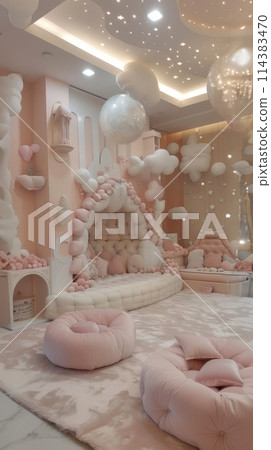 Girl's room, room for a little girl with toys, bed and table in pink colors Girl's room, room for a little girl with toys, bed and table in pink colors 114383470